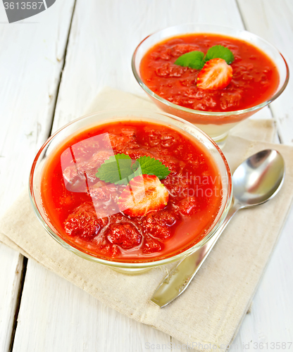 Image of Dessert strawberry-vanilla in two glassful with spoon on board