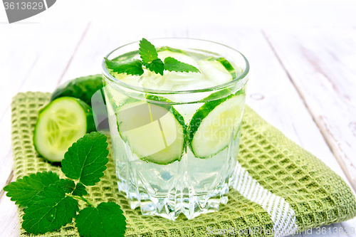 Image of Lemonade with cucumber and mint in glassful on board