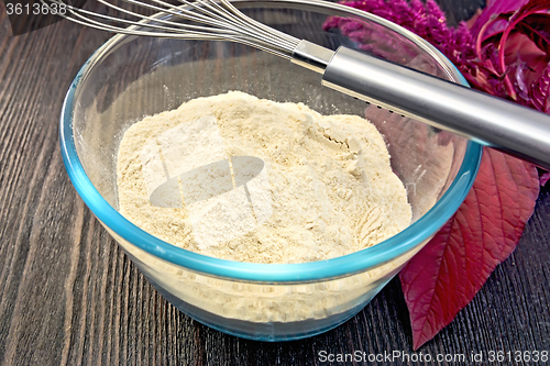 Image of Flour amaranth in glass bowl with mixer on board