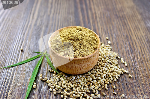 Image of Flour hemp in bowl of grain and leaf on board