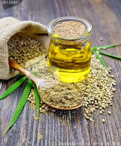 Image of Flour hemp in spoon with oil and bag on board