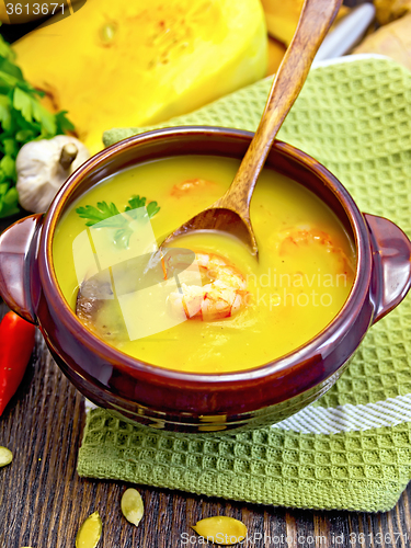 Image of Soup-puree pumpkin with prawns and mushrooms on board