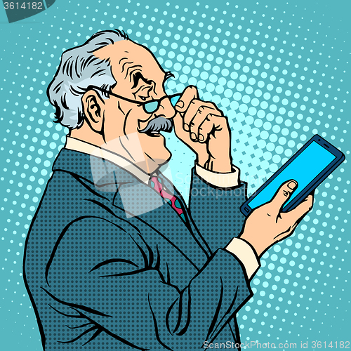 Image of old man gadgets elderly businessman new tablet