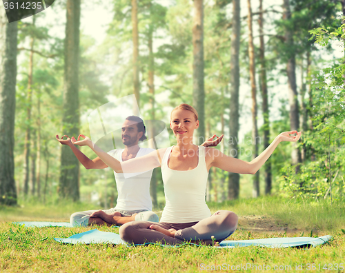 Image of smiling couple making yoga exercises outdoors