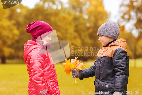 Image of little boy giving autumn maple leaves to girl