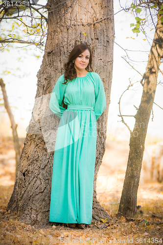 Image of A girl in a long dress standing near a tree in the woods