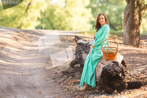 Image of A girl in a long dress sat down to rest on a fallen tree