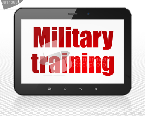 Image of Learning concept: Tablet Pc Computer with Military Training on display