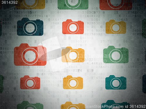 Image of Travel concept: Photo Camera icons on Digital Paper background