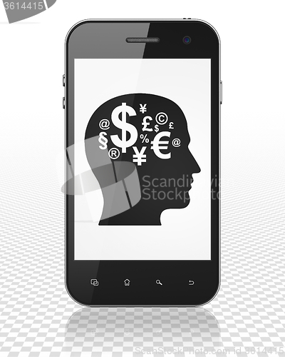 Image of Advertising concept: Smartphone with Head With Finance Symbol on display