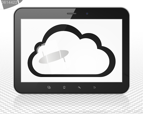 Image of Cloud computing concept: Tablet Pc Computer with Cloud on display
