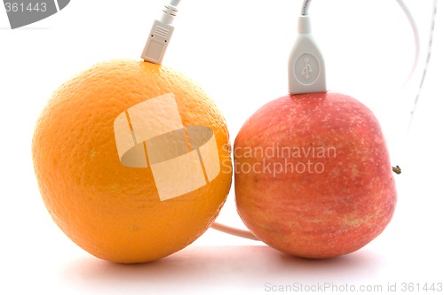 Image of The orange and apple are connected through a cable 2