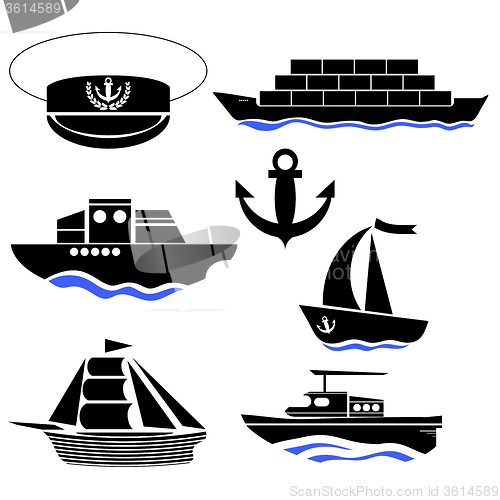 Image of Sea Ships Silhouettes. Anchor Icon. Captain Hat Icon