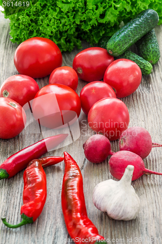 Image of The multicolored vegetables on wooden table