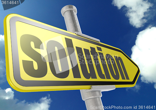 Image of Yellow road sign with solution word under blue sky