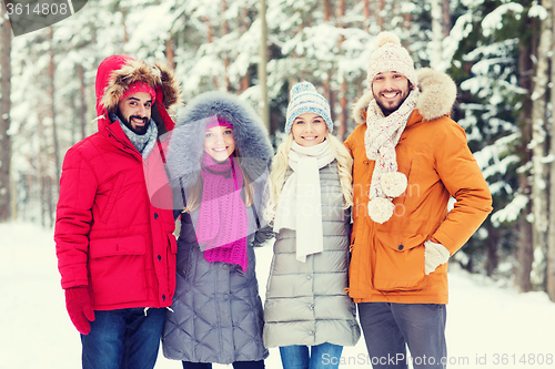 Image of group of smiling men and women in winter forest