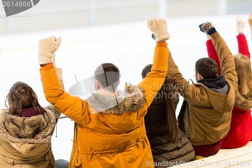 Image of happy friends supporting team on ice rink arena