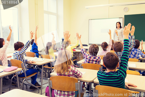 Image of group of school kids raising hands in classroom