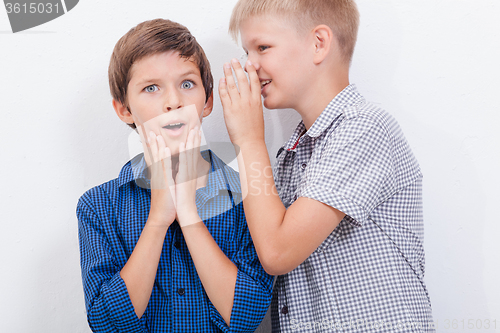 Image of Teenage boy whispering in the ear a secret to friendl on white  background