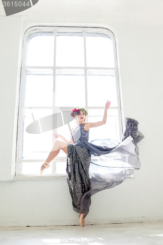 Image of The beautiful ballerina posing in long gray dress 