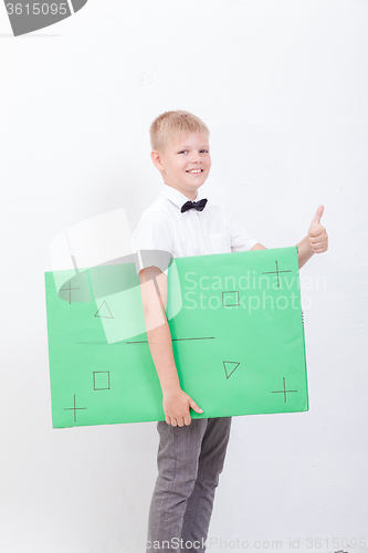 Image of The boy holding a banner on white background