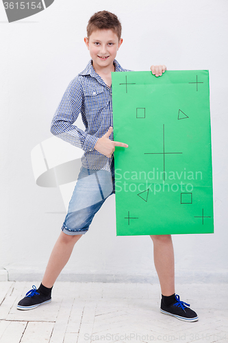 Image of The boy holding a banner on white background