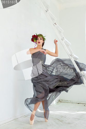Image of The beautiful ballerina dancing in long gray dress 