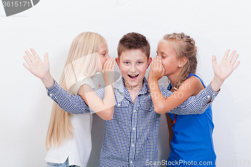 Image of Teenage girsl whispering in the ears of a secret teen boy on white  background