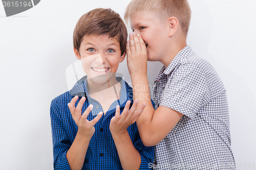 Image of Teenage boy whispering in the ear a secret to friendl on white  background