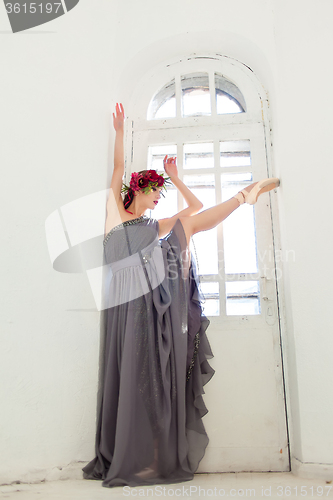 Image of The beautiful ballerina posing in long gray dress 