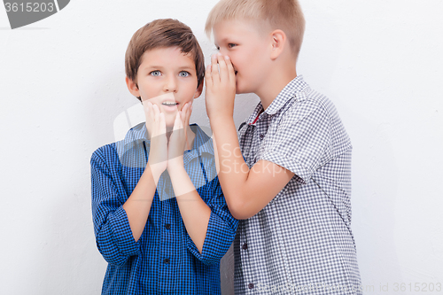 Image of Teenage boy whispering in the ear a secret to friendl on white  background