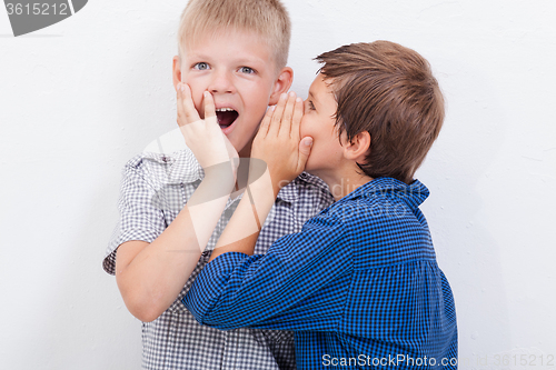 Image of Teenage boy whispering in the ear a secret to friendl on white  background