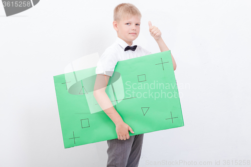 Image of The boy holding a banner on white background