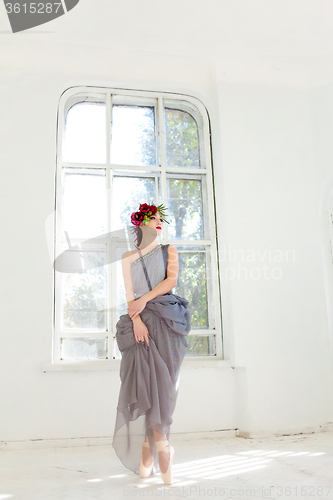 Image of The beautiful ballerina dancing in long gray dress 