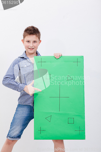 Image of The boy holding a banner on white background