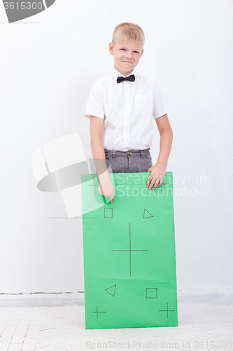 Image of The boy holding a banner on white background