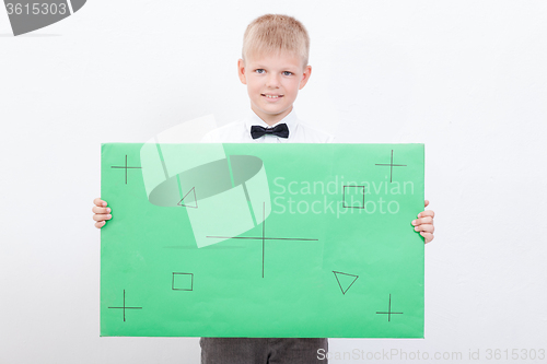 Image of The boy holding a banner on white background