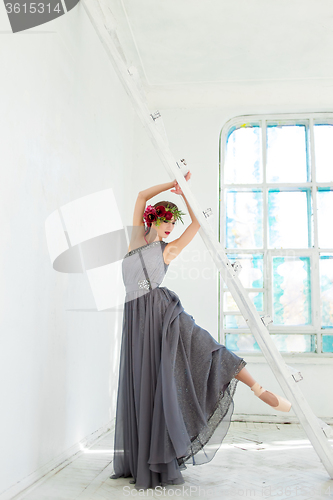 Image of The beautiful ballerina posing in long gray dress 