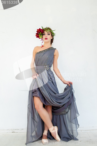 Image of The beautiful ballerina posing in long gray dress 