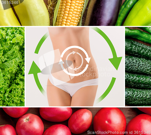 Image of Young healthy woman with vegetables. Collage