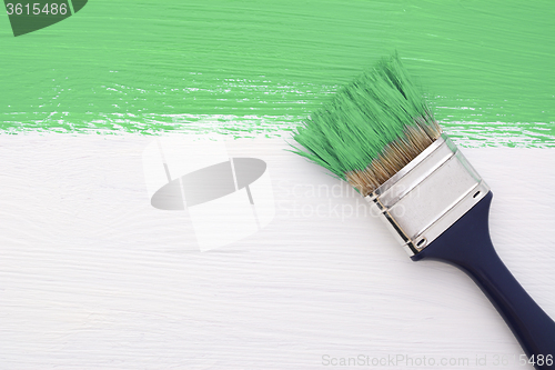 Image of Stripe of green paint with a paintbrush on white