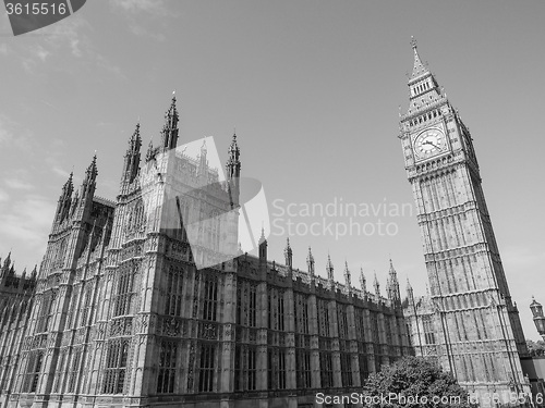 Image of Black and white Houses of Parliament in London