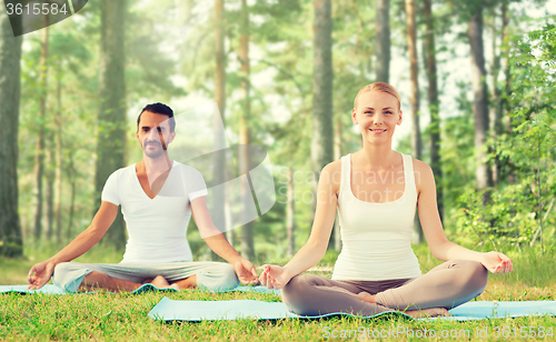 Image of smiling couple making yoga exercises outdoors