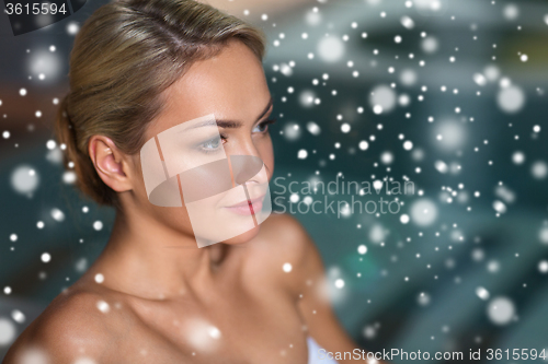 Image of close up of woman in swimsuit at swimming pool