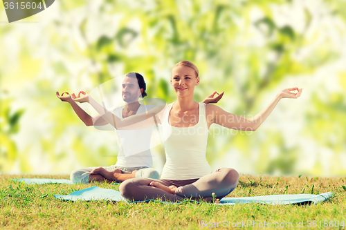 Image of smiling couple making yoga exercises outdoors