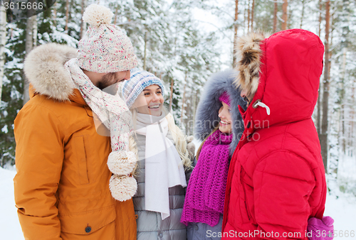 Image of group of smiling men and women in winter forest