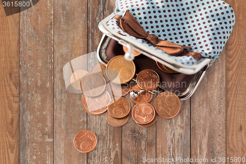 Image of close up of euro coins and wallet on table