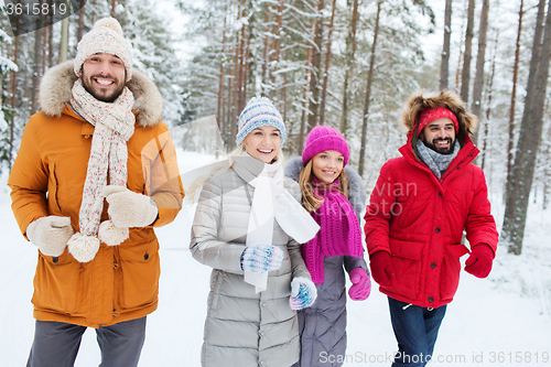 Image of group of smiling men and women in winter forest