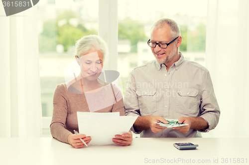 Image of senior couple with money and calculator at home