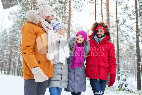 Image of group of smiling men and women in winter forest